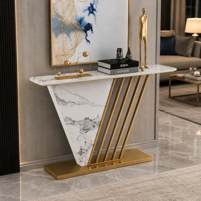 Designer Hallway Console Table with Marble Finish and Gold Accents