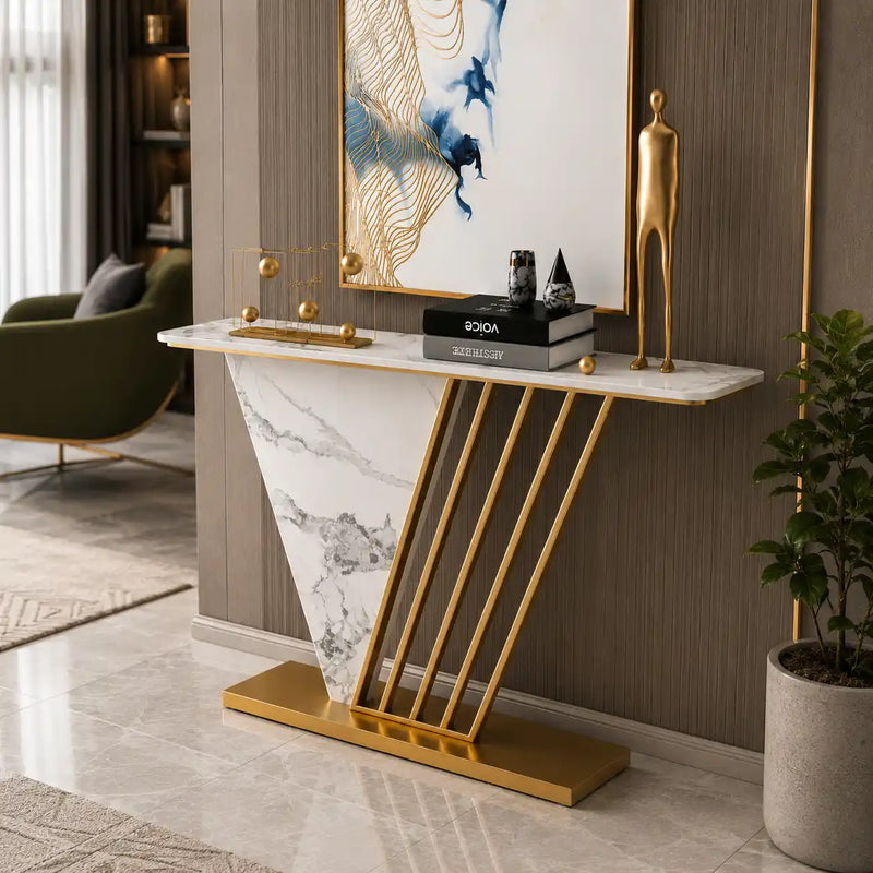 Designer Hallway Console Table with Marble Finish and Gold Accents