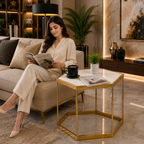 Designer Hexagonal Side Table with White Marble Top