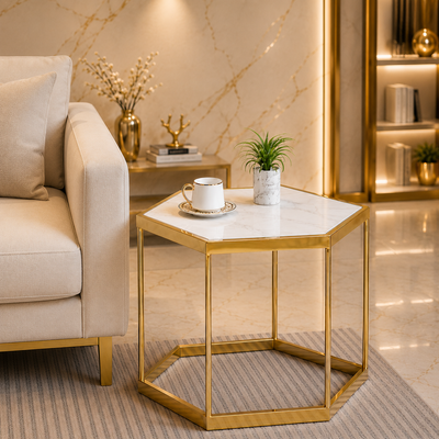 Designer Hexagonal Side Table with White Marble Top