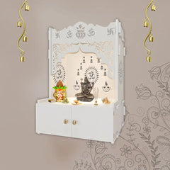 Designer Holy Symbol Om White Wood Temple with Inbuilt Focus Light & Spacious Shelf