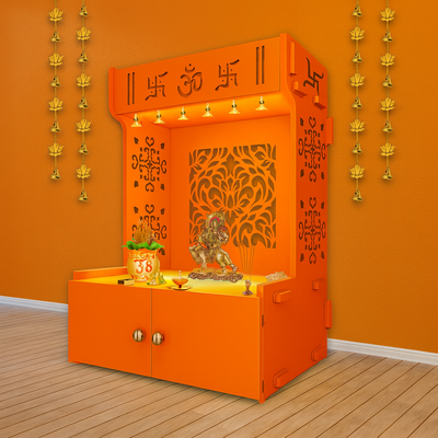 Designer Intricate Jali Design Pattern Floor Temple with Spacious Wooden Shelf & Inbuilt Focus Light- Bhagwa Finish