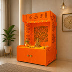 Designer Intricate Jali Design Pattern Floor Temple with Spacious Wooden Shelf & Inbuilt Focus Light- Bhagwa Finish