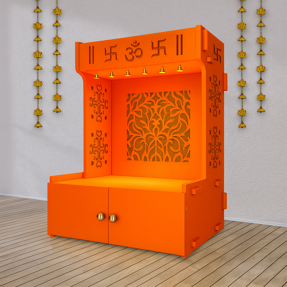 Designer Intricate Jali Design Pattern Floor Temple with Spacious Wooden Shelf & Inbuilt Focus Light- Bhagwa Finish