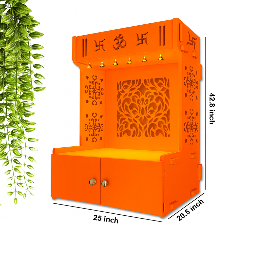 Designer Intricate Jali Design Pattern Floor Temple with Spacious Wooden Shelf & Inbuilt Focus Light- Bhagwa Finish