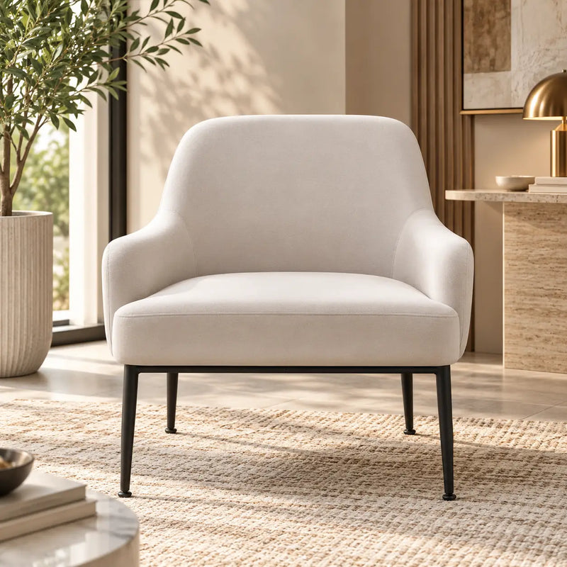 Designer Ivory Upholstered Armchair with Sleek Metal Legs