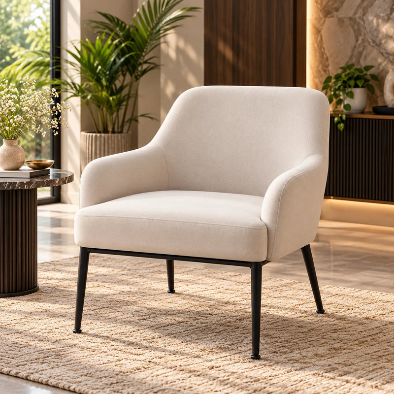 Designer Ivory Upholstered Armchair with Sleek Metal Legs