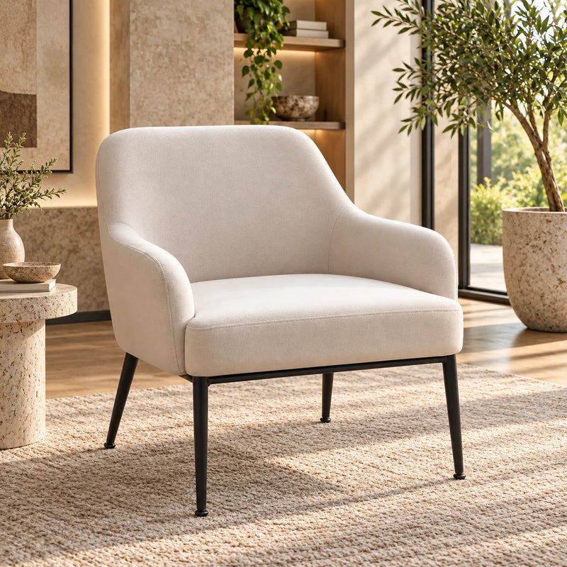 Designer Ivory Upholstered Armchair with Sleek Metal Legs