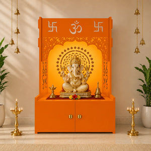 Designer Om Chakra Floor Temple with Spacious Wooden Shelf & Inbuilt Focus Light- Bhagwa Finish