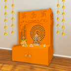 Designer Om Chakra Floor Temple with Spacious Wooden Shelf & Inbuilt Focus Light- Bhagwa Finish