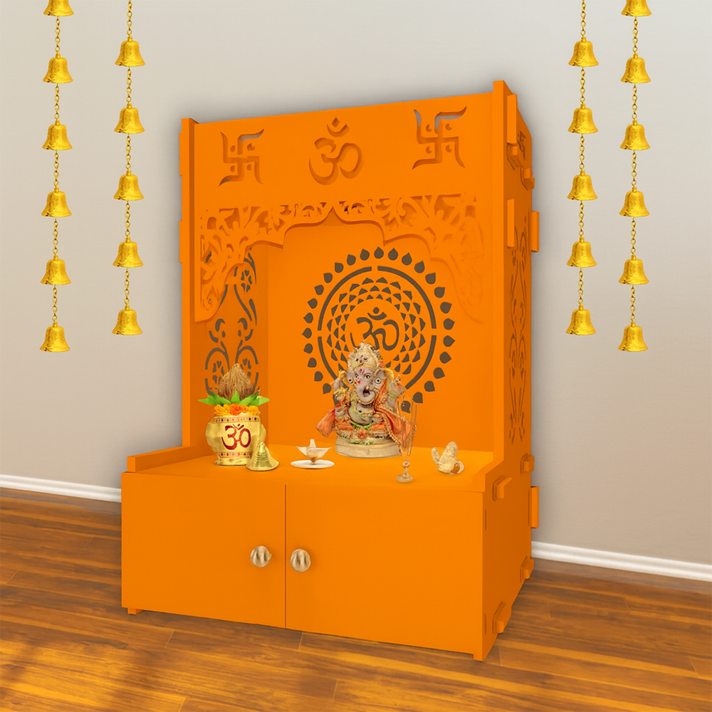 Designer Om Chakra Floor Temple with Spacious Wooden Shelf & Inbuilt Focus Light- Bhagwa Finish