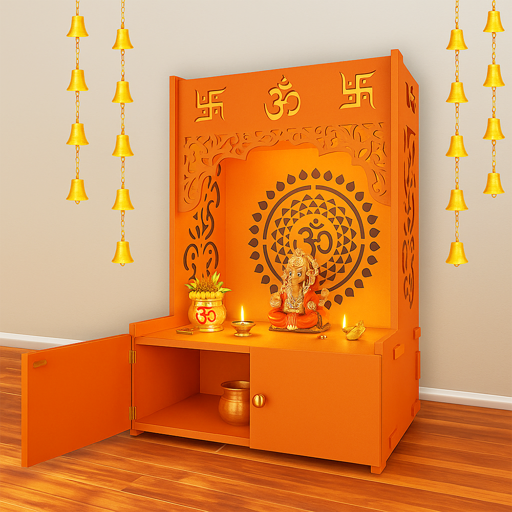 Designer Om Chakra Floor Temple with Spacious Wooden Shelf & Inbuilt Focus Light- Bhagwa Finish