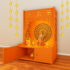 Designer Om Chakra Floor Temple with Spacious Wooden Shelf & Inbuilt Focus Light- Bhagwa Finish