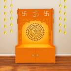 Designer Om Chakra Floor Temple with Spacious Wooden Shelf & Inbuilt Focus Light- Bhagwa Finish