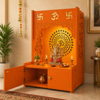 Designer Om Chakra Floor Temple with Spacious Wooden Shelf & Inbuilt Focus Light- Bhagwa Finish