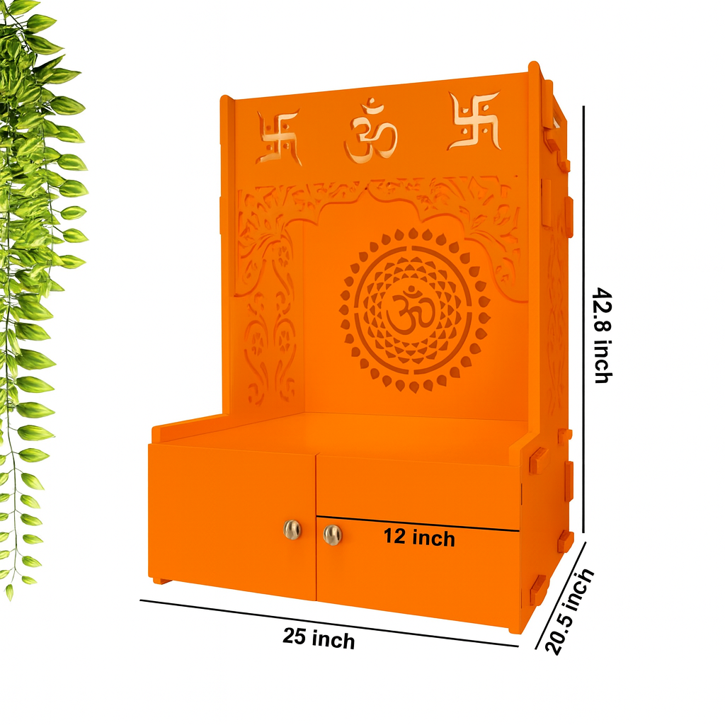 Designer Om Chakra Floor Temple with Spacious Wooden Shelf & Inbuilt Focus Light- Bhagwa Finish