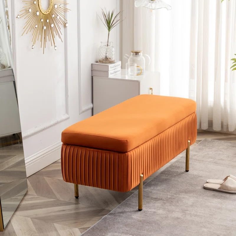 Designer Orange Velvet Bench with Smart Storage Ottoman