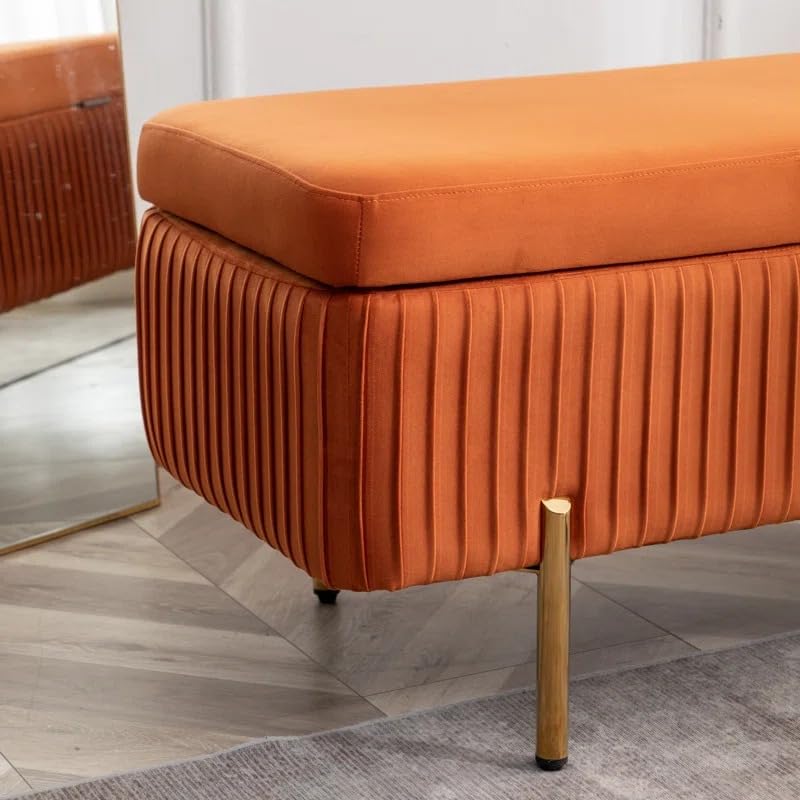 Designer Orange Velvet Bench with Smart Storage Ottoman