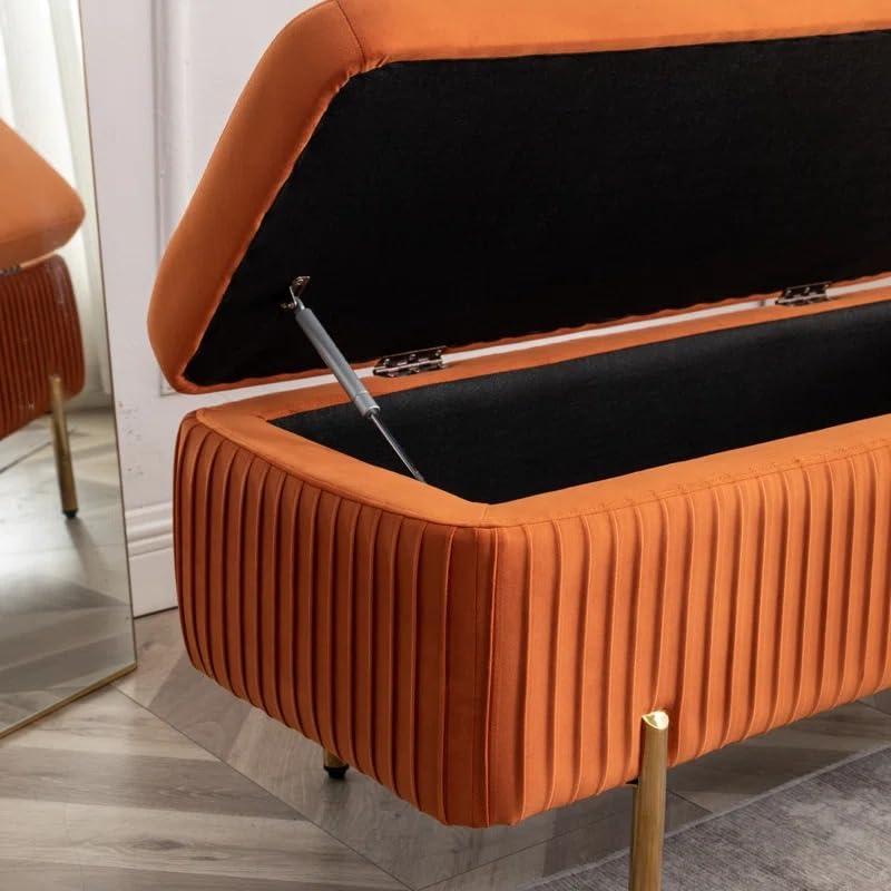Designer Orange Velvet Bench with Smart Storage Ottoman