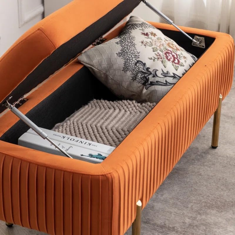 Designer Orange Velvet Bench with Smart Storage Ottoman