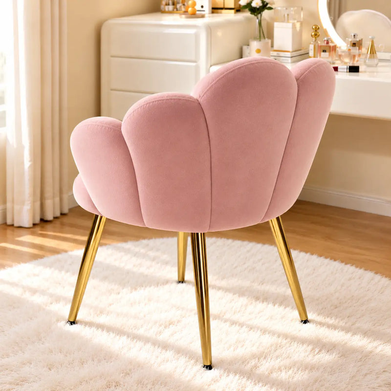 Designer Pink Velvet Accent Chair with Petal-Shaped Backrest & Golden Metal Legs