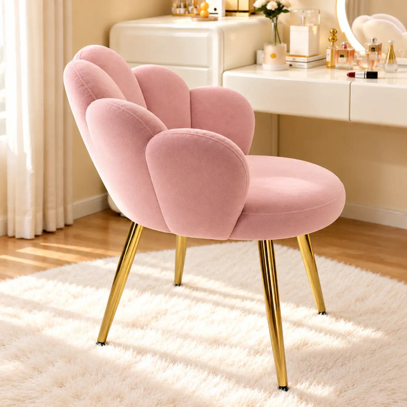 Designer Pink Velvet Accent Chair with Petal-Shaped Backrest & Golden Metal Legs