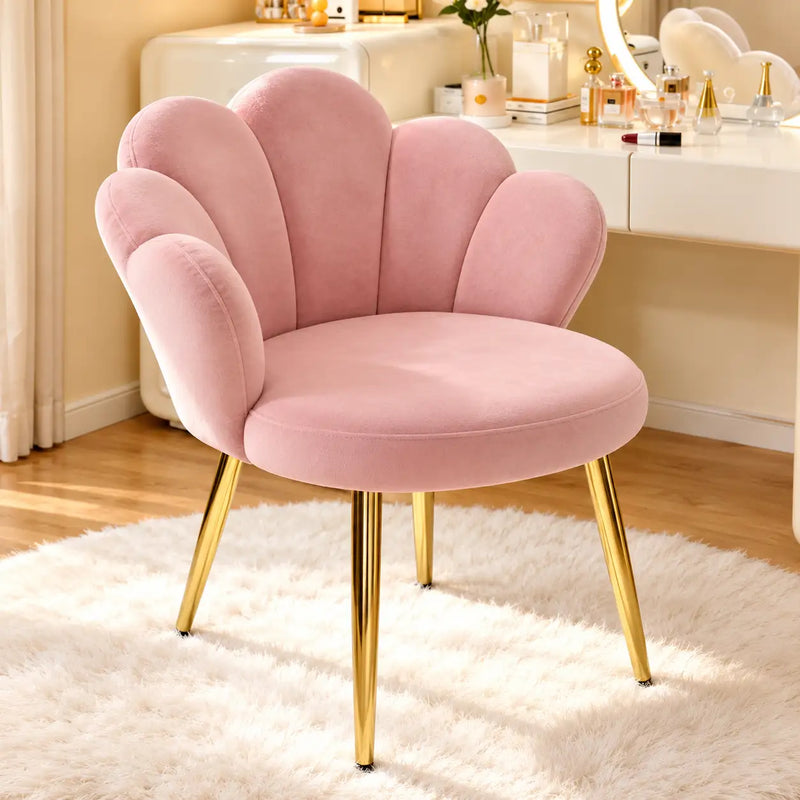 Designer Pink Velvet Accent Chair with Petal-Shaped Backrest & Golden Metal Legs