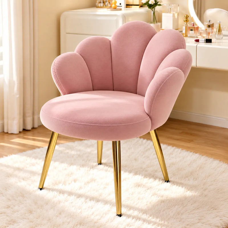 Designer Pink Velvet Accent Chair with Petal-Shaped Backrest & Golden Metal Legs