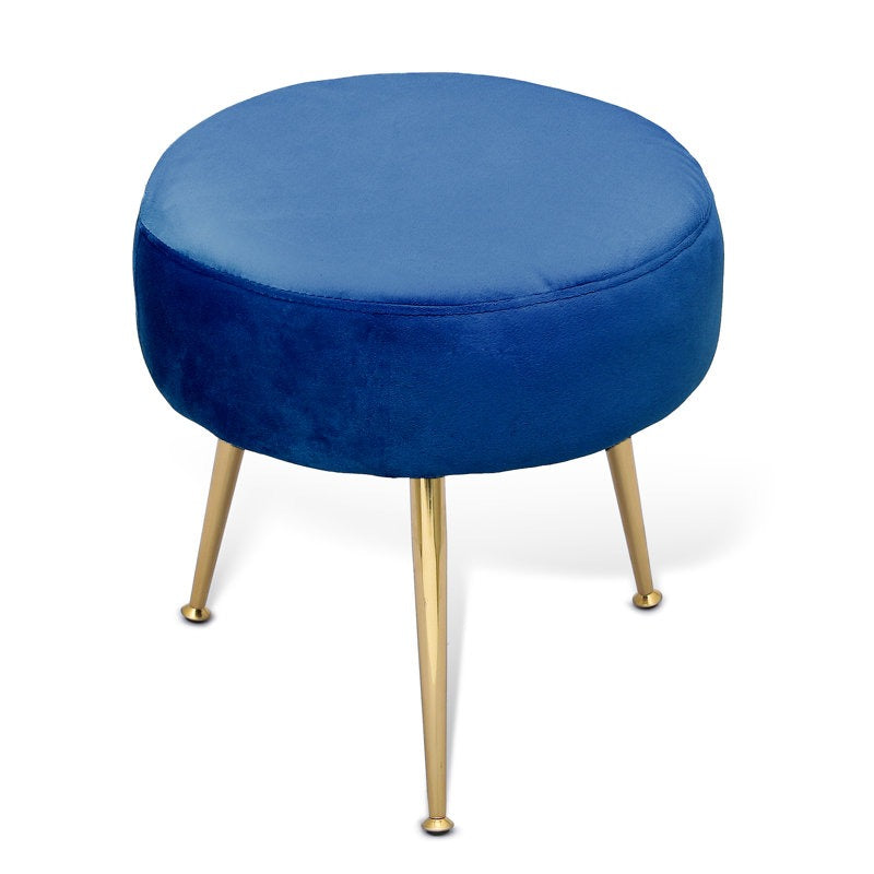 Designer Rich Blue Velvet Vanity Seat with Sturdy Golden Legs