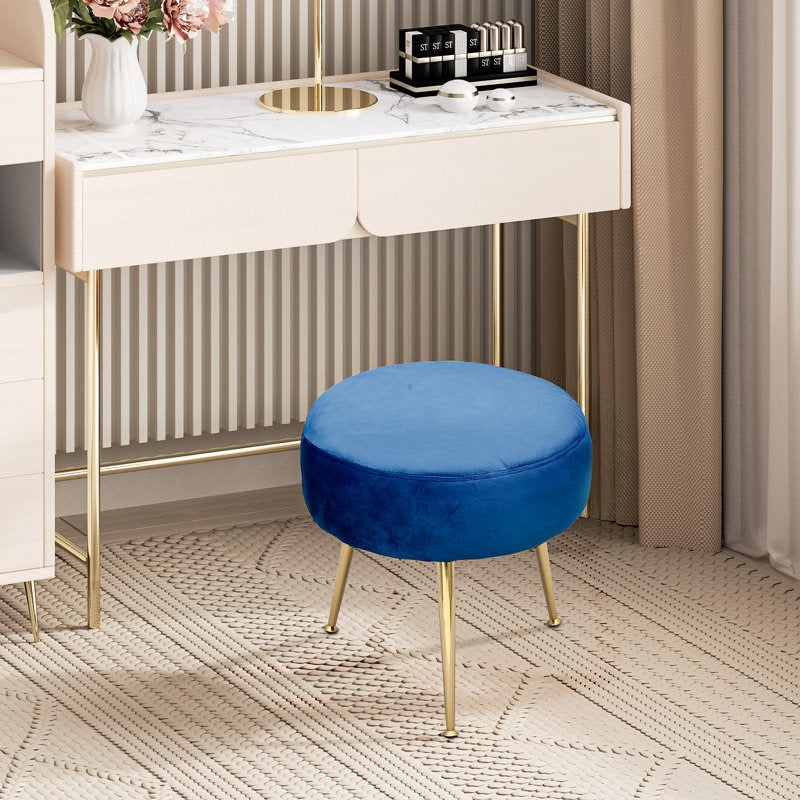 Designer Rich Blue Velvet Vanity Seat with Sturdy Golden Legs