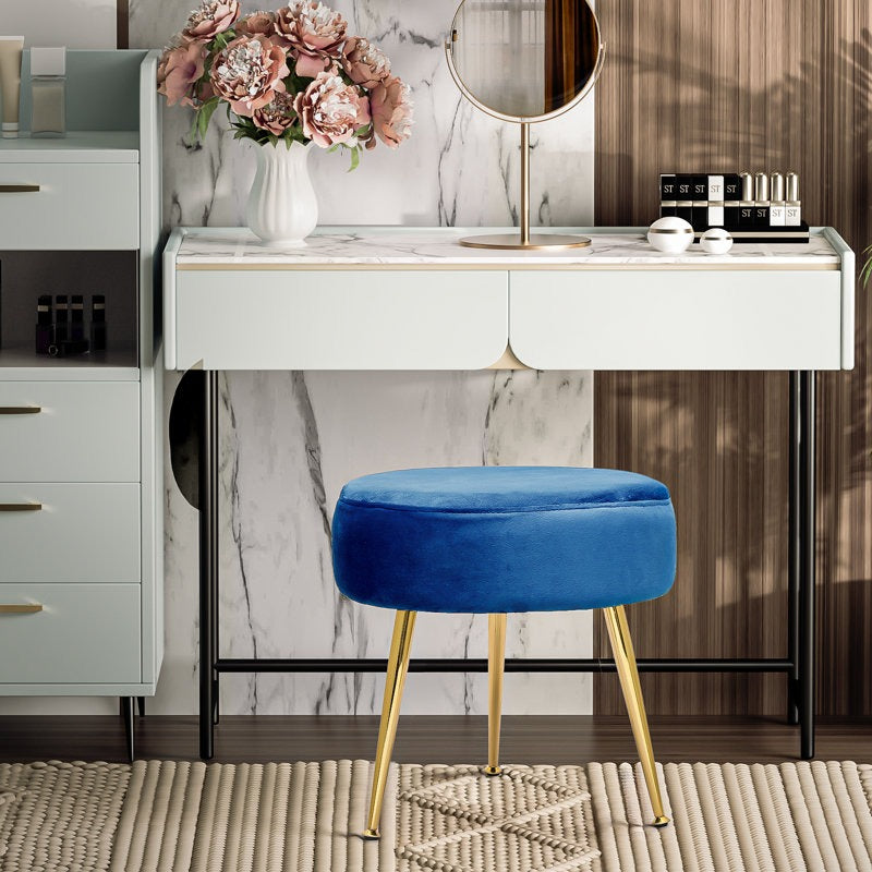Designer Rich Blue Velvet Vanity Seat with Sturdy Golden Legs