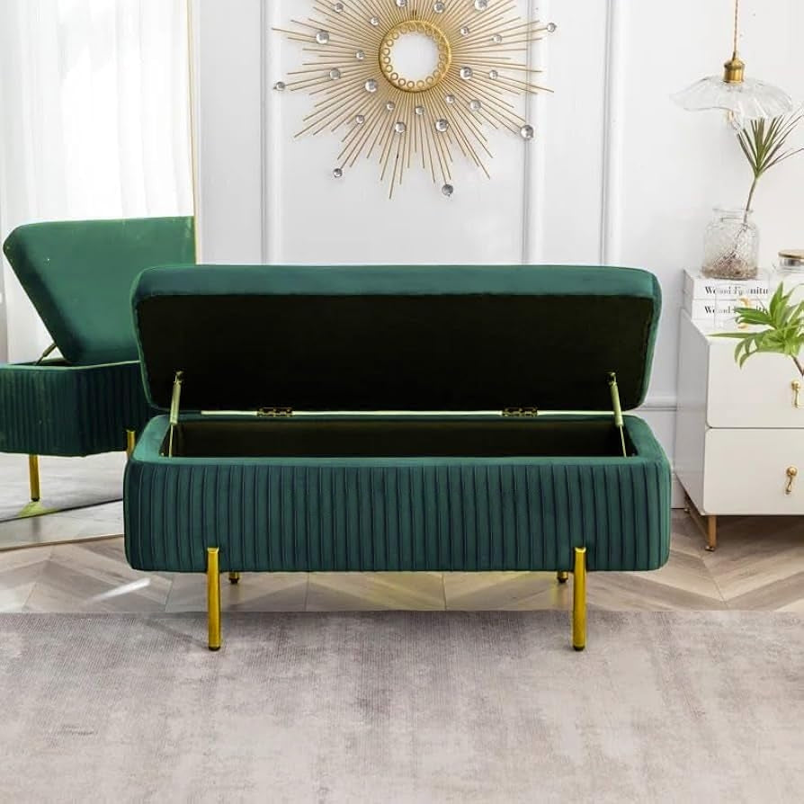 Designer Rich Green Velvet Bench with Smart Storage Ottoman