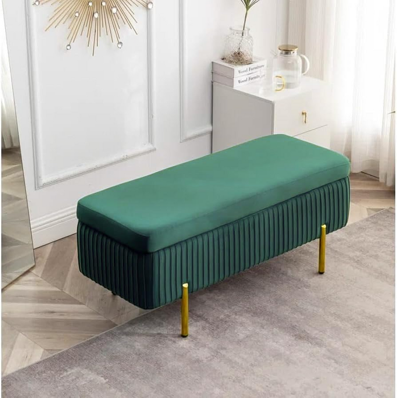 Designer Rich Green Velvet Bench with Smart Storage Ottoman