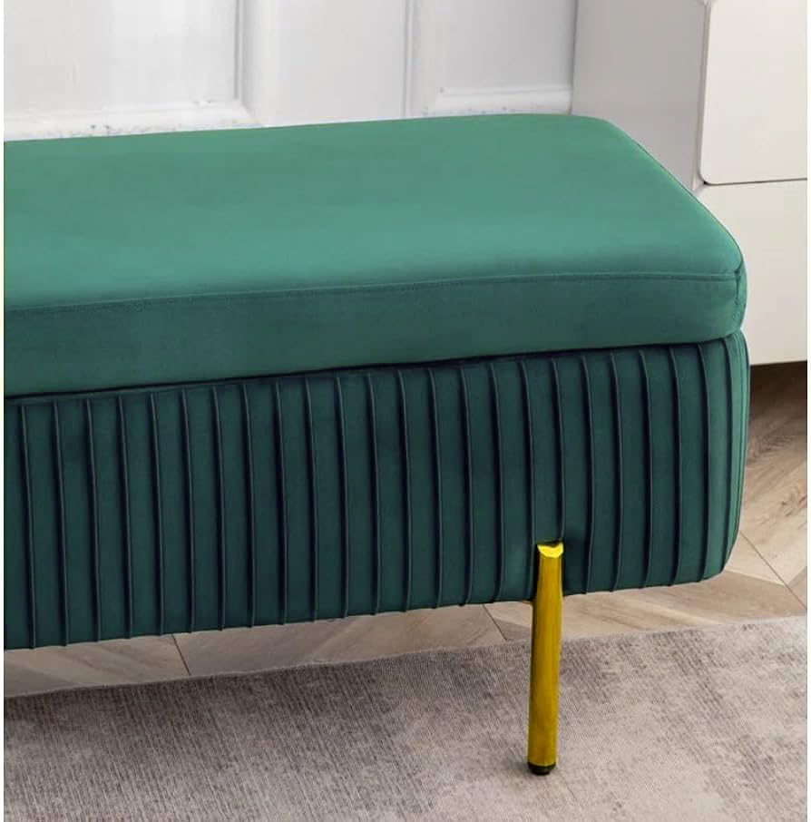 Designer Rich Green Velvet Bench with Smart Storage Ottoman