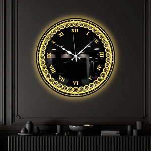 Designer Round LED Mirror Wall Clock with Golden Swirl Pattern