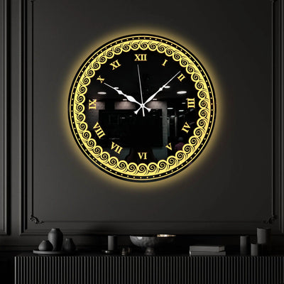 Designer Round LED Mirror Wall Clock with Golden Swirl Pattern