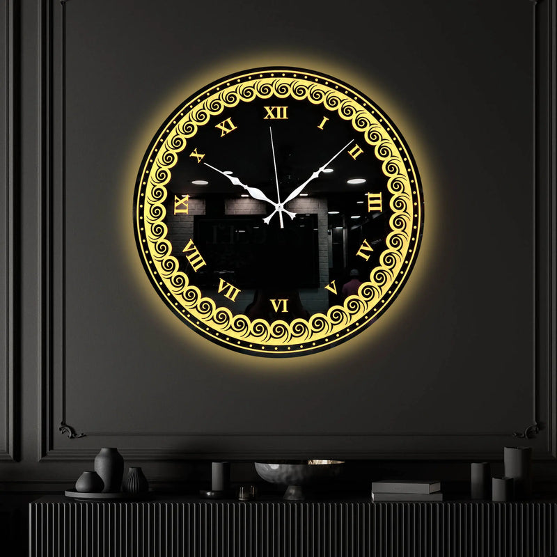 Designer Round LED Mirror Wall Clock with Golden Swirl Pattern