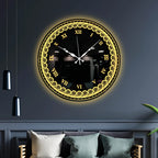 Designer Round LED Mirror Wall Clock with Golden Swirl Pattern