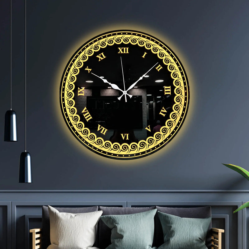 Designer Round LED Mirror Wall Clock with Golden Swirl Pattern