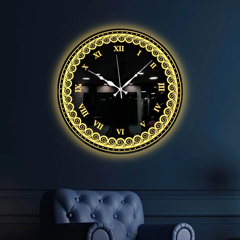 Designer Round LED Mirror Wall Clock with Golden Swirl Pattern