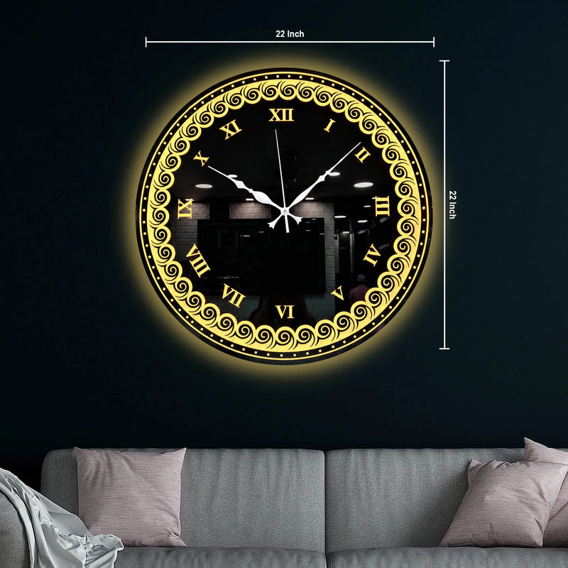 Designer Round LED Mirror Wall Clock with Golden Swirl Pattern