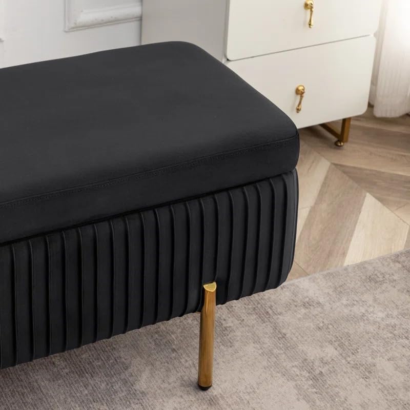 Designer Royal Black Velvet Bench with Smart Storage Ottoman