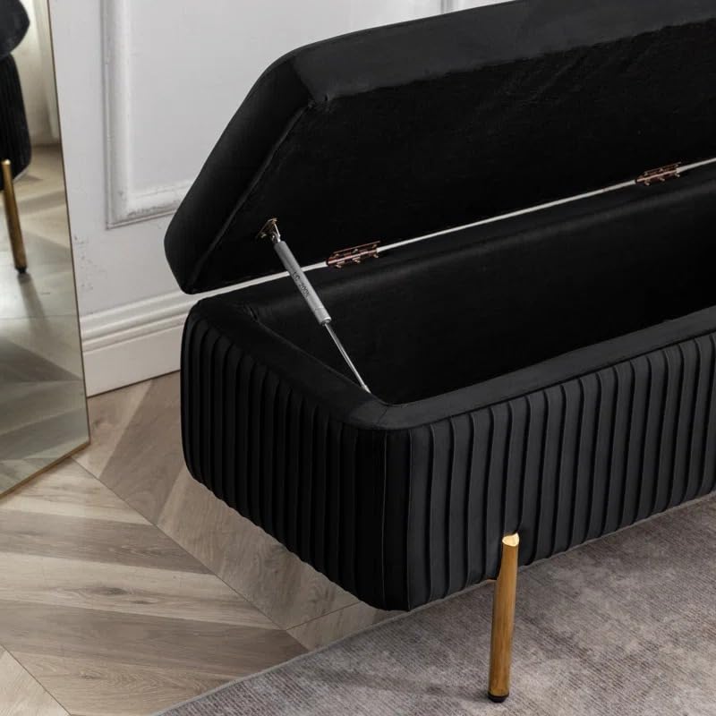 Designer Royal Black Velvet Bench with Smart Storage Ottoman