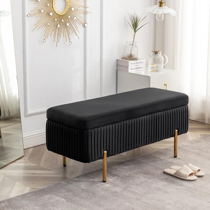 Designer Royal Black Velvet Bench with Smart Storage Ottoman