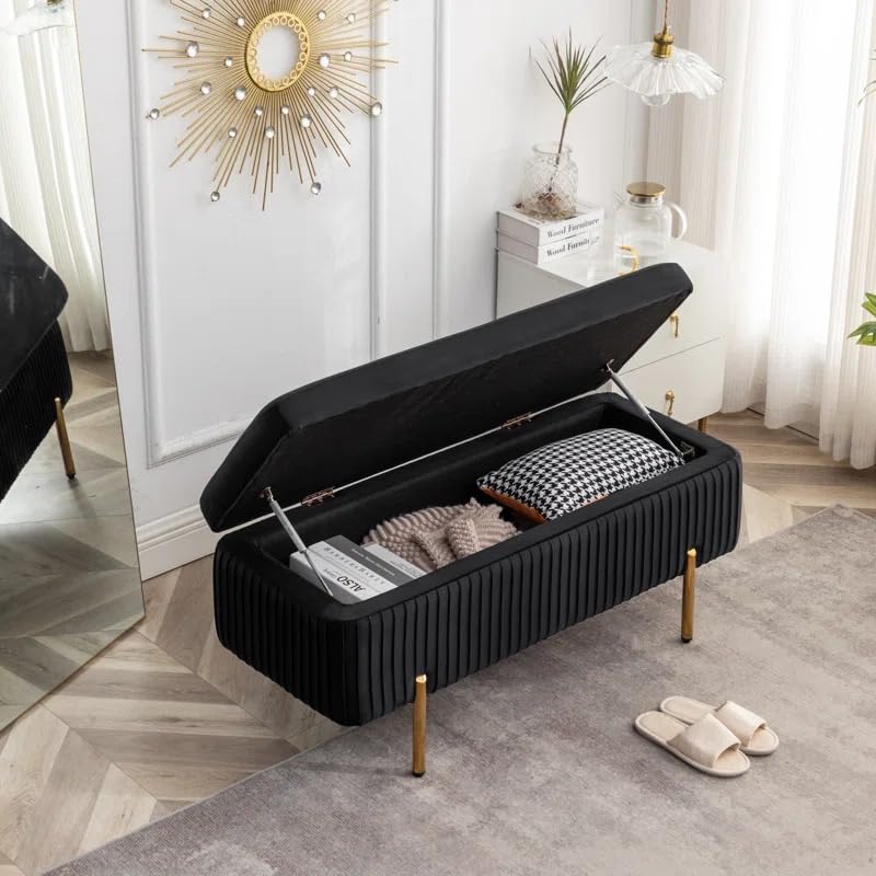 Designer Royal Black Velvet Bench with Smart Storage Ottoman