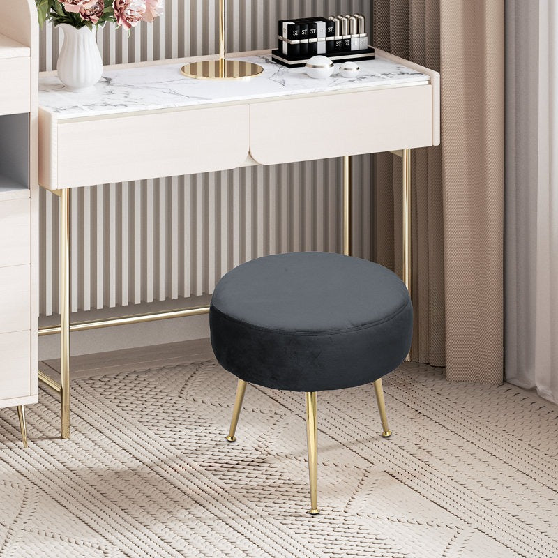 Designer Royal Black Velvet Vanity Seat with Sturdy Golden Legs