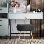 Designer Royal Black Velvet Vanity Seat with Sturdy Golden Legs