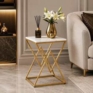 Designer Side Table with Square Marble Finish Top for Home Decor
