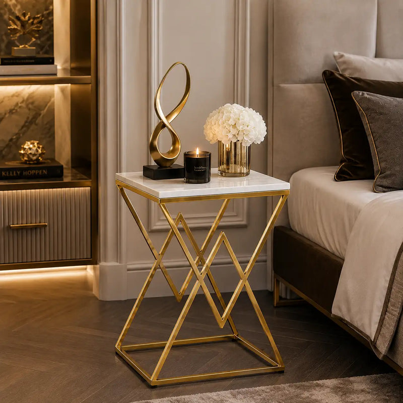 Designer Side Table with Square Marble Finish Top for Home Decor