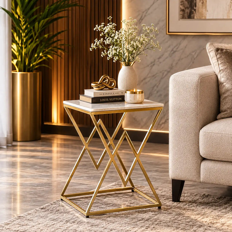 Designer Side Table with Square Marble Finish Top for Home Decor